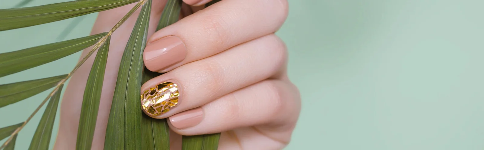 Nude nails with a single shattered gold-foil accent nail, holding a palm frond on sage green