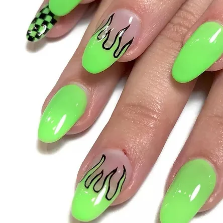 Neon green flame nail art on an almond set